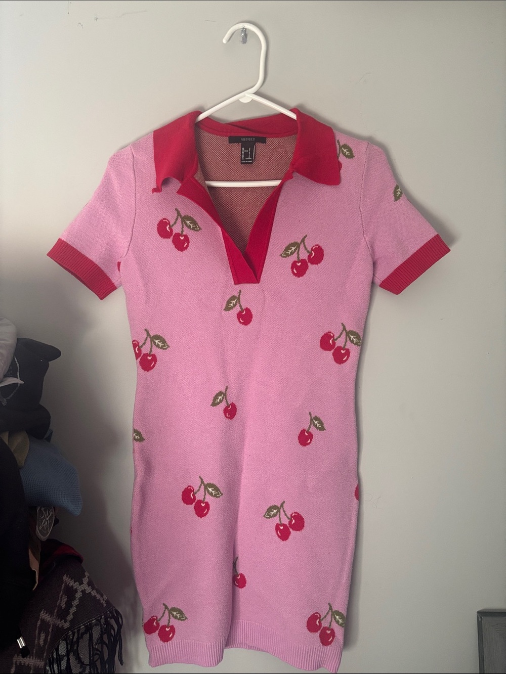 Forever 21 Pink Knit Cherry Polo Dress Sweater with Red Trim